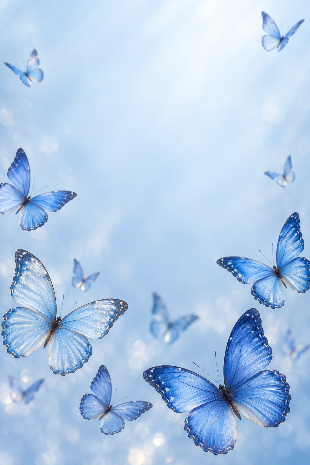 Delicadas mariposas azules sobre un fondo luminoso en tonos celestes.